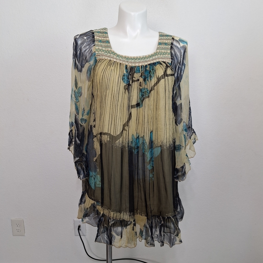 Rancho Estancia Embroidered Floral Fairy Wide Bell Sleeve Babydoll Blouse Size M